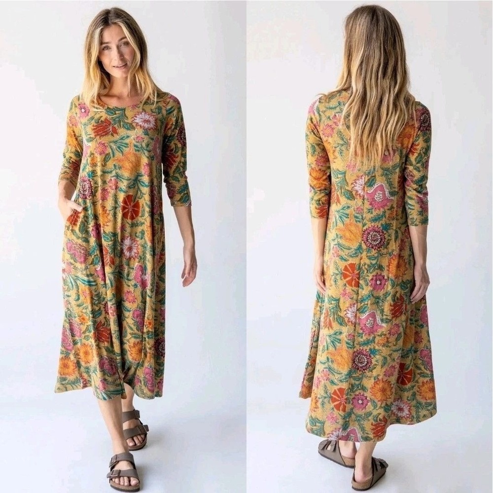 Natural Life Floral Tapestry Maxi Dress Mustard 3/4 Sleeve Large